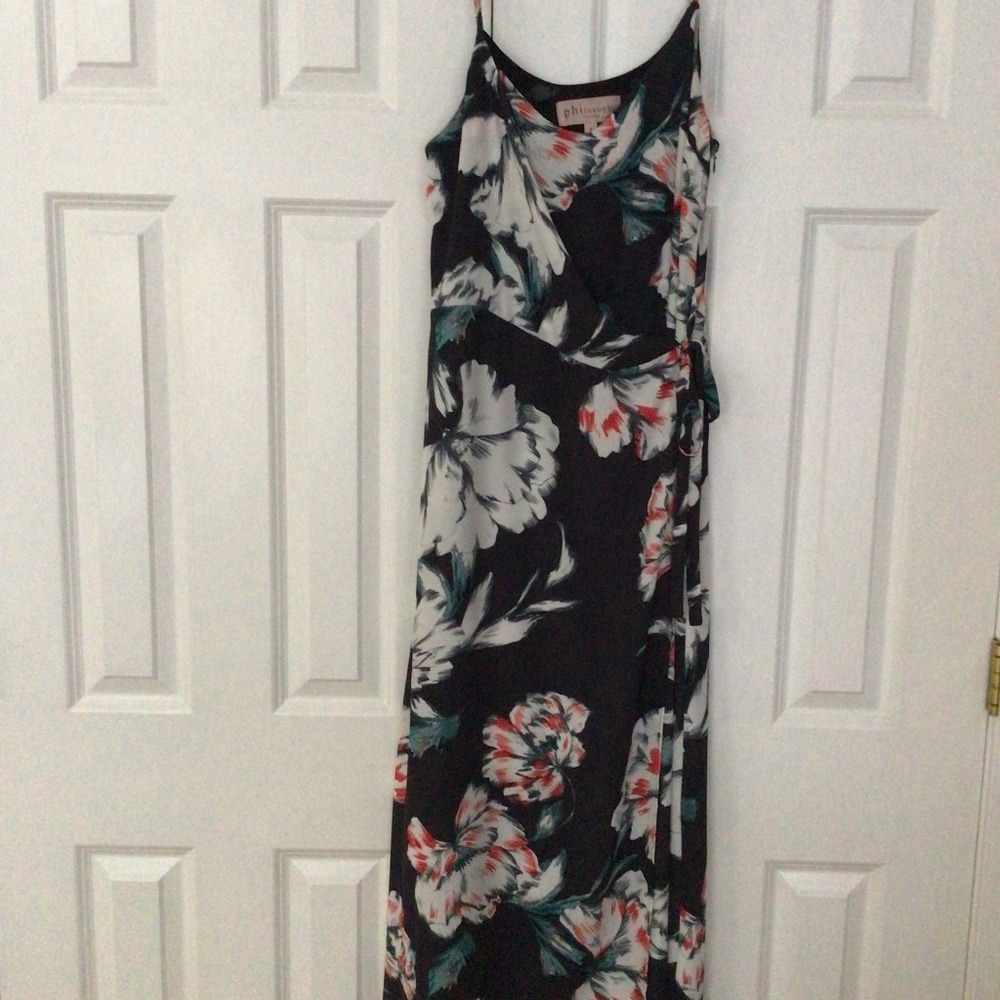 Philosophy maxi wrap dress. Black with orange and cream flowers.